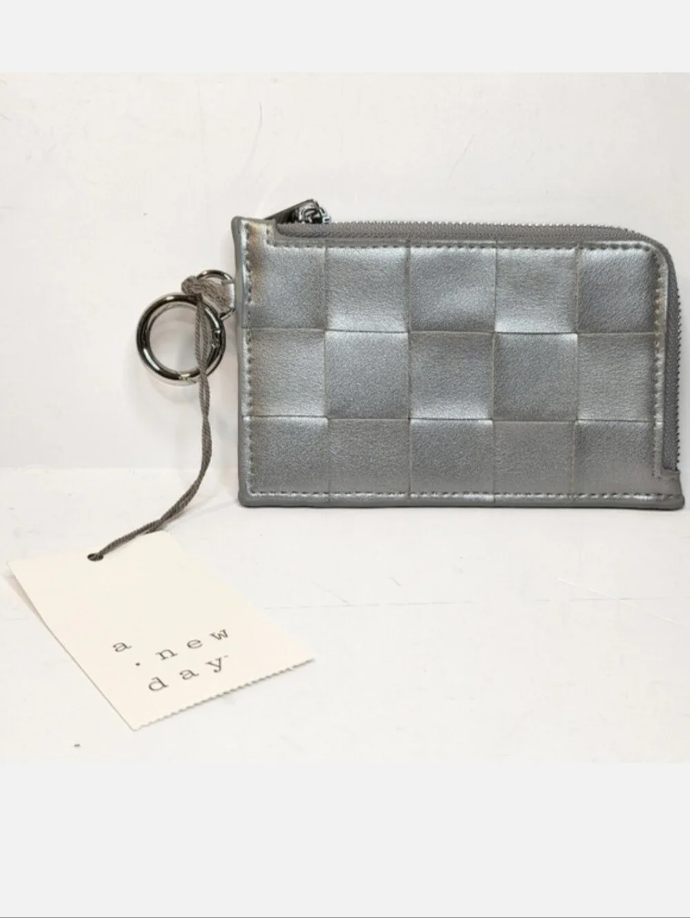 Small Card Case Silver Faux Leather Woven Panel Coin Pouch Keychain Mini Wallet